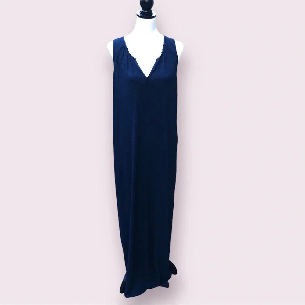 Classic Navy Sleeveless V-Neck Maxi Dress 100% Cotton